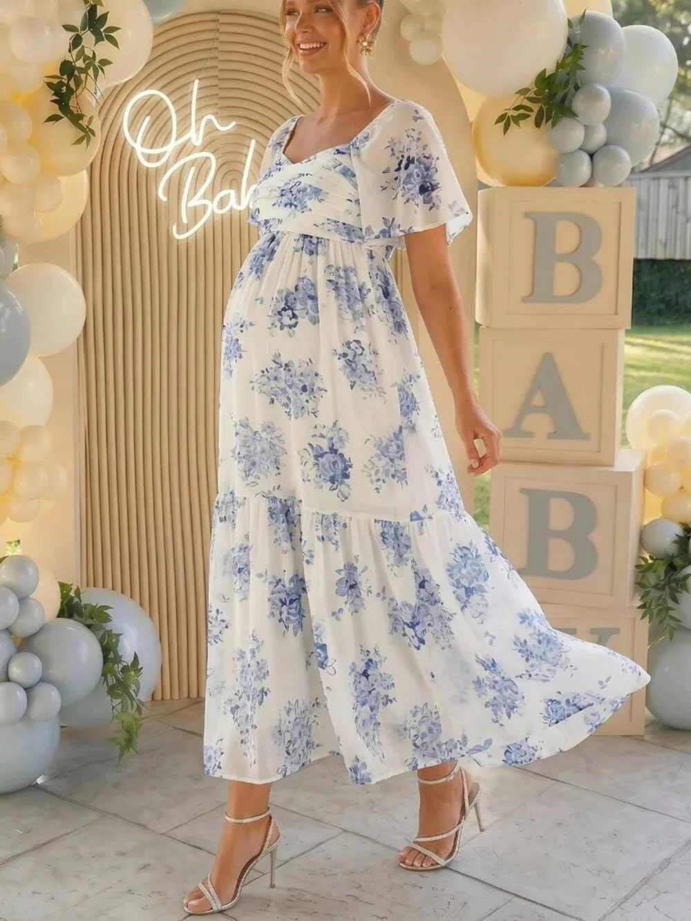 Blue And White Women's Maternity Square Neck Short Sleeve Floral Print Dress